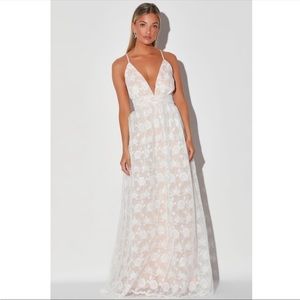 Lulu's Ivywood White and Beige Embroidered Lace Backless Maxi Wedding Dress
